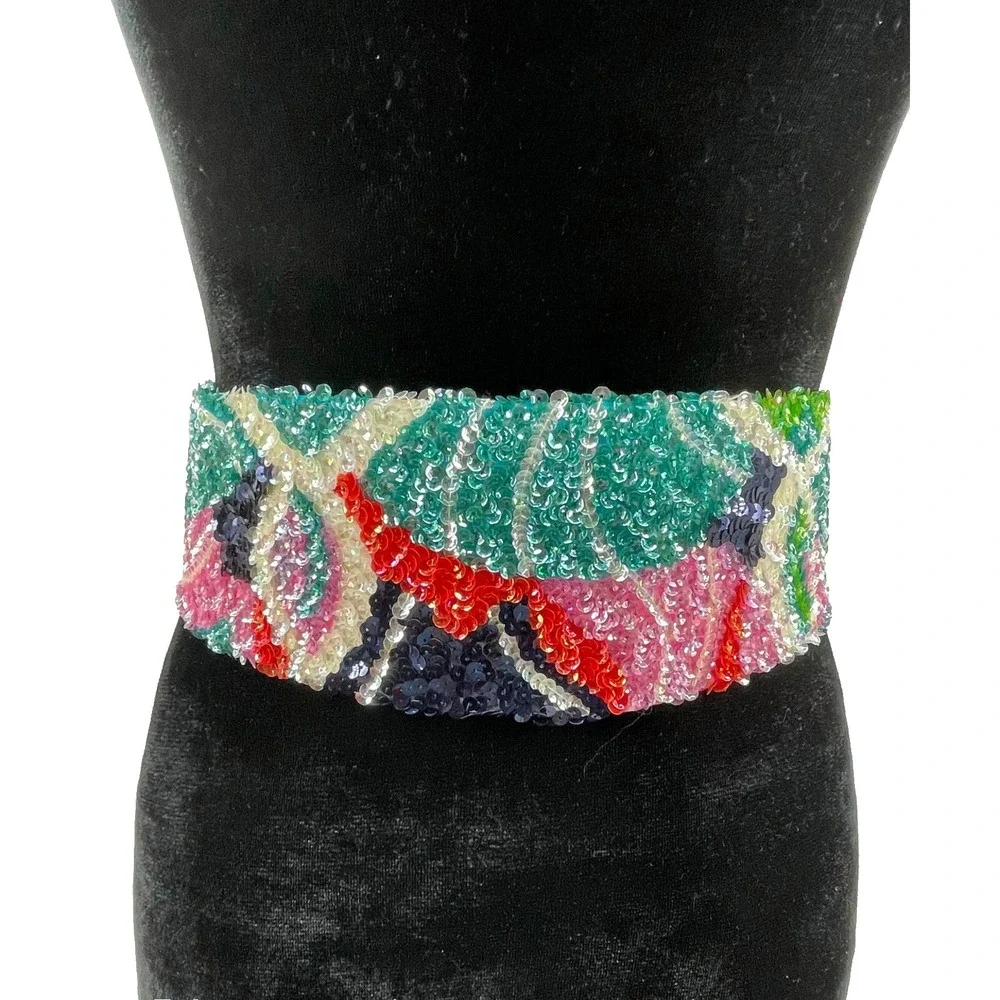 Vintage La Mendola Agosto Mod Art Hand Beaded Multicolor Pure Silk Chiffon Belt